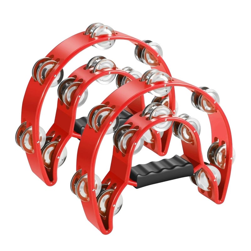 Flexzion Tambourine Metal Half Moon Musical Instruments Double Row Metal Jingles Hand Held Instruments Percussion with Ergonomic Handle Grip, Tambourines for Adults, 2 Packs - Red - Image 1